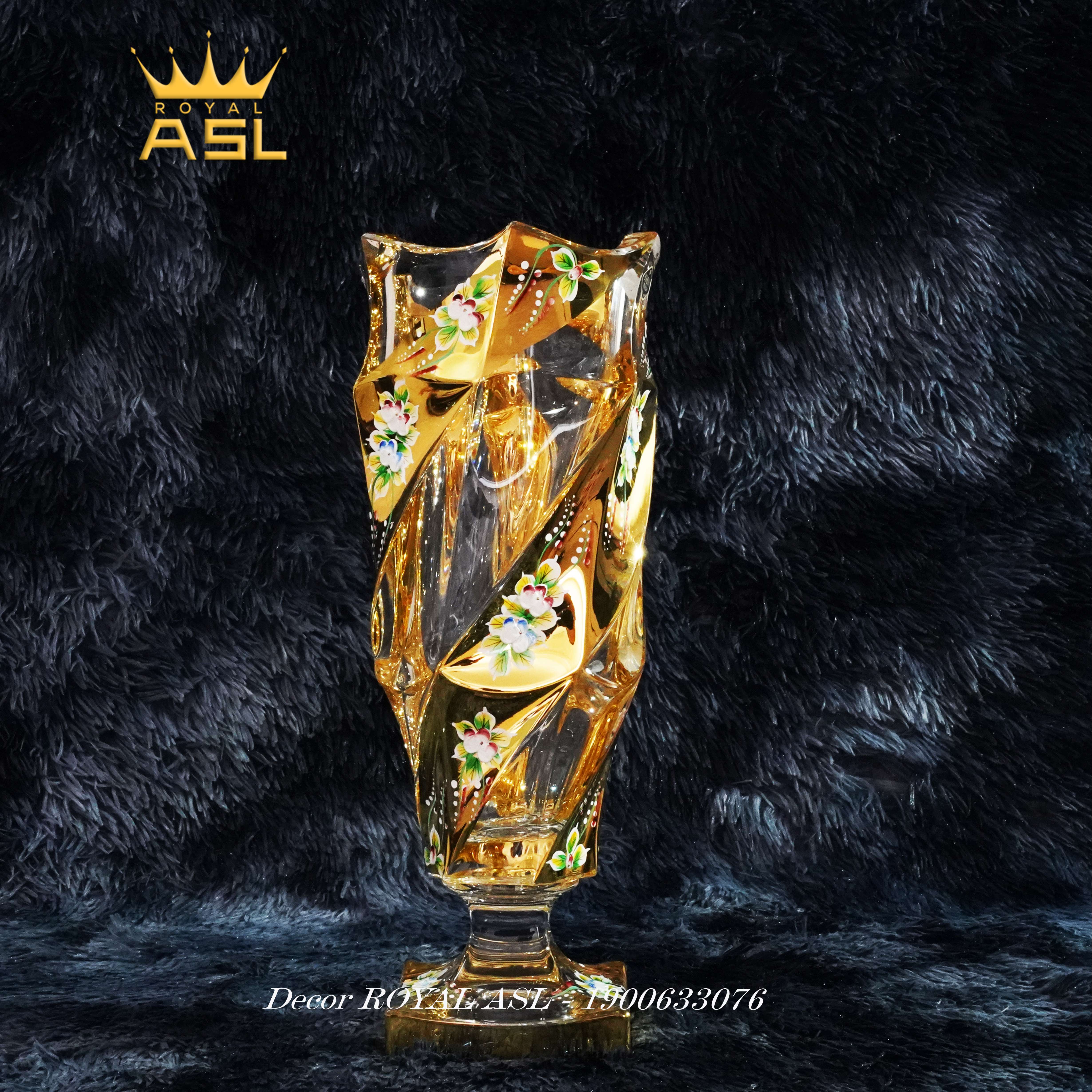 Lọ Hoa Pha Lê Tiệp Gold Bohemia Dát Vàng-Họa Tiết Lập Thể-Đế Vuông-38cm-Vàng Hổ Phách -BH0028