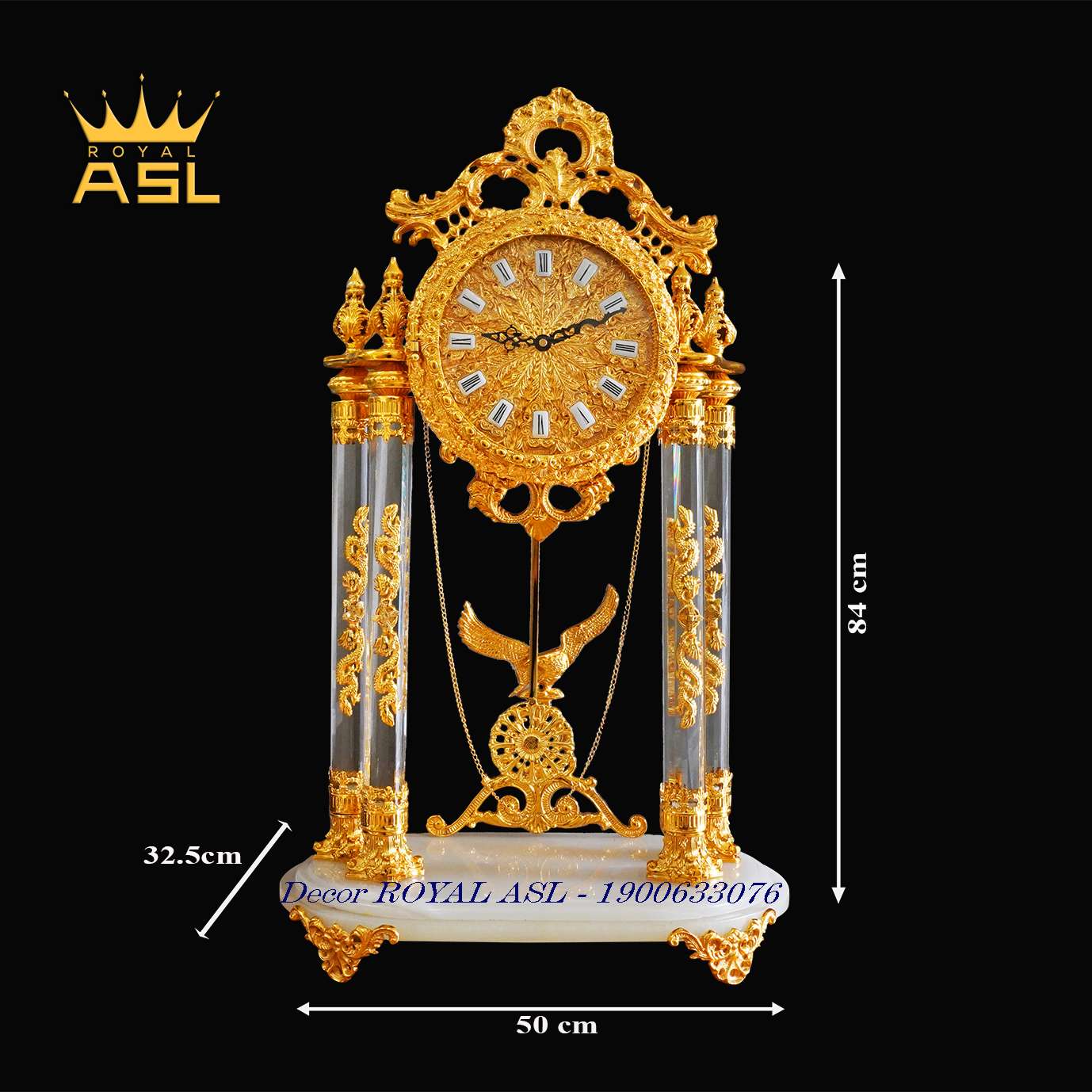 Đồng Hồ Để Bàn Mạ Vàng Phong Cách Châu Âu, Họa Tiết Chim Đại Bàng-4 Trụ Pha Lê, Đế Đá Cẩm Thạch – DH0053