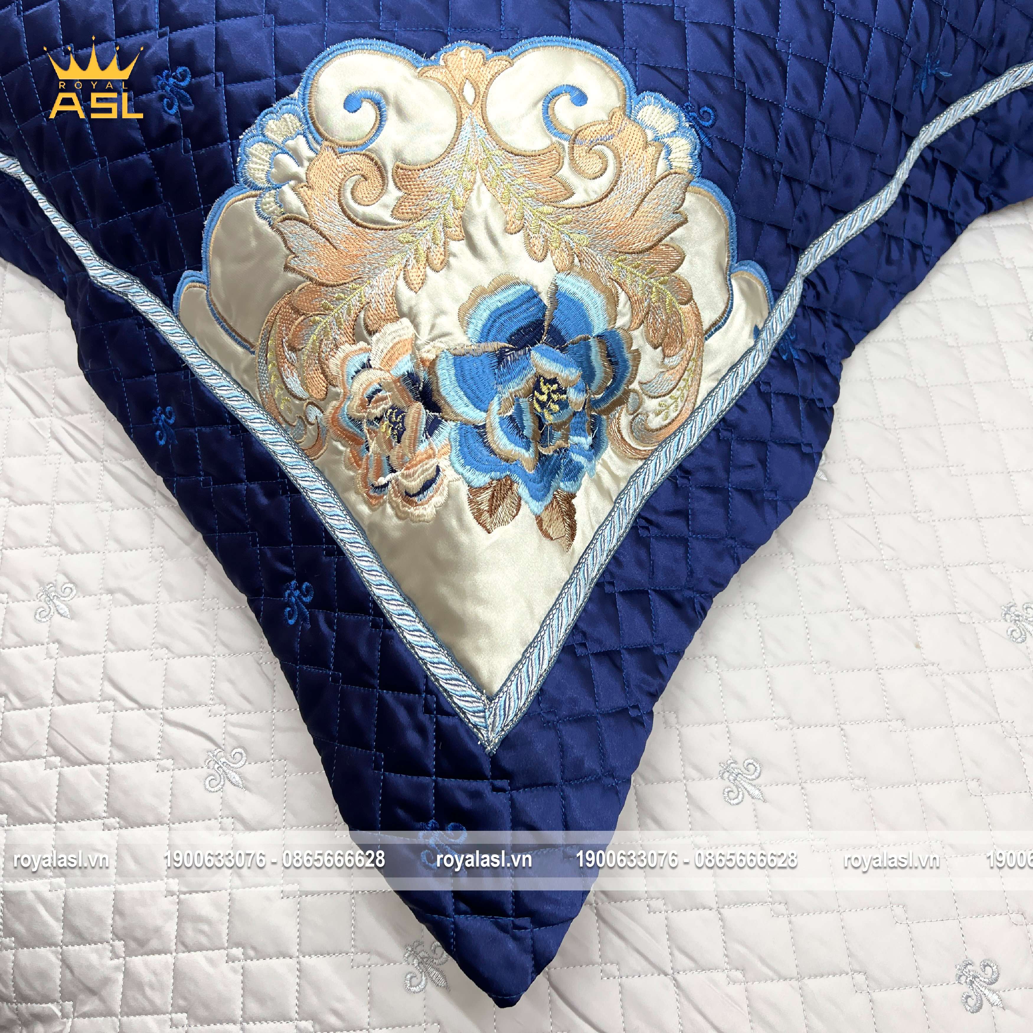 Bộ Ra Gối 6 Món Gấm Lụa ROYAL BLUE-Phong cách Hoàng Gia -Màu Xám Hoa Văn Xanh, Hồng - DR0102