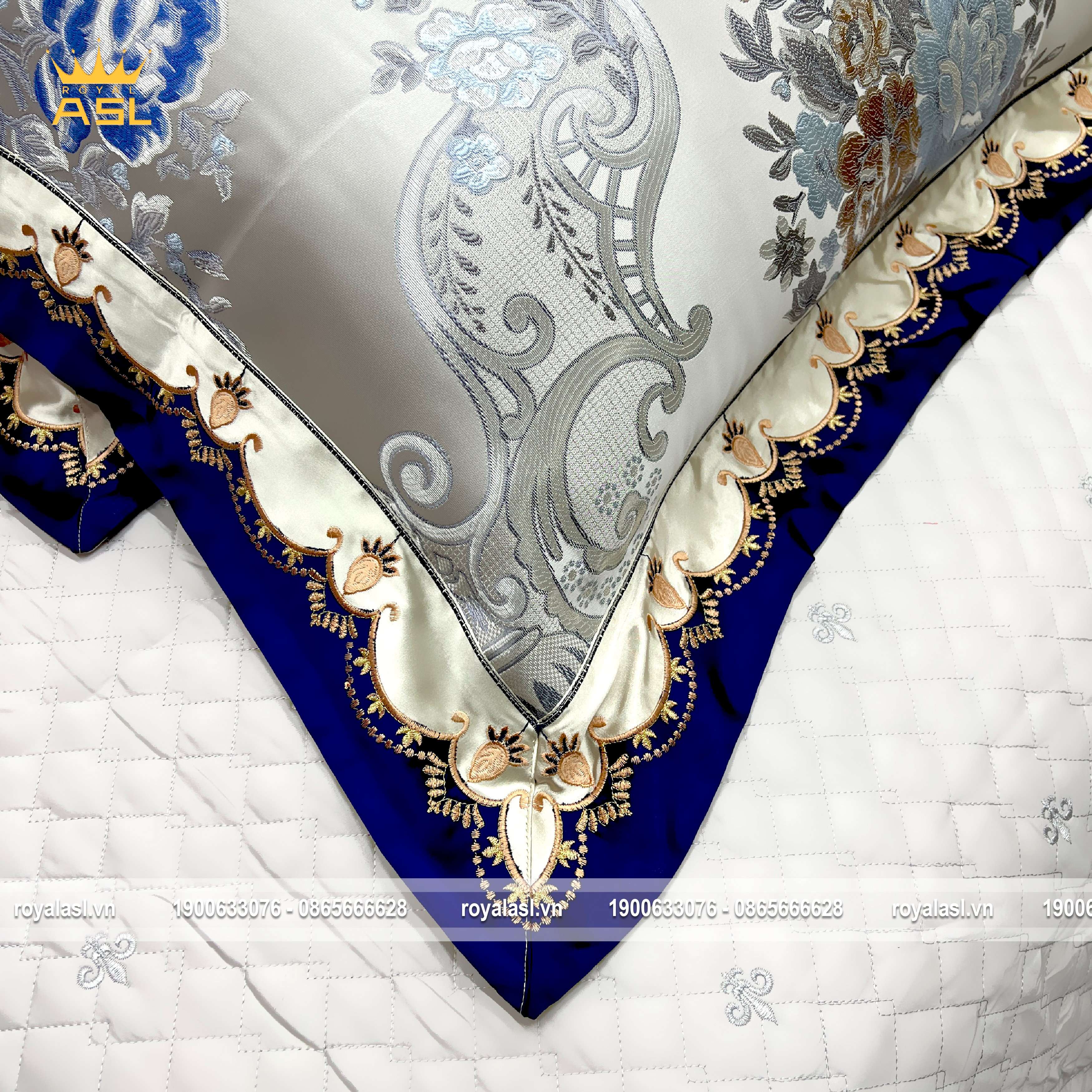 Bộ Ra Gối 6 Món Gấm Lụa ROYAL BLUE-Phong cách Hoàng Gia -Màu Xám Hoa Văn Xanh, Hồng - DR0102