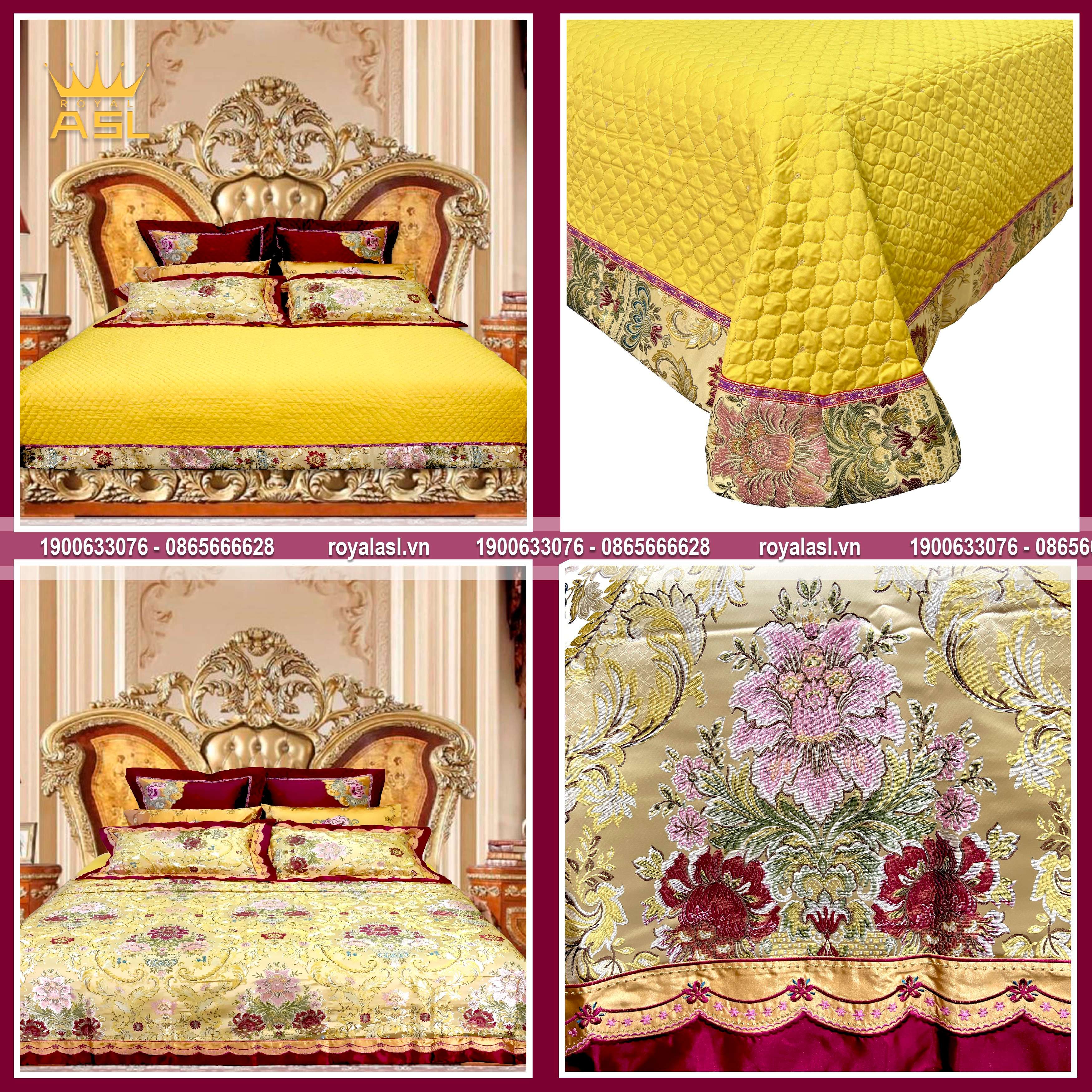 Bộ Chăn Ra Gối 8 món Gấm Lụa Royal Golden Silk-Phong Cách Hoàng Gia Quý Tộc-Màu Vàng Thêu Hoa Hồng-DR0105