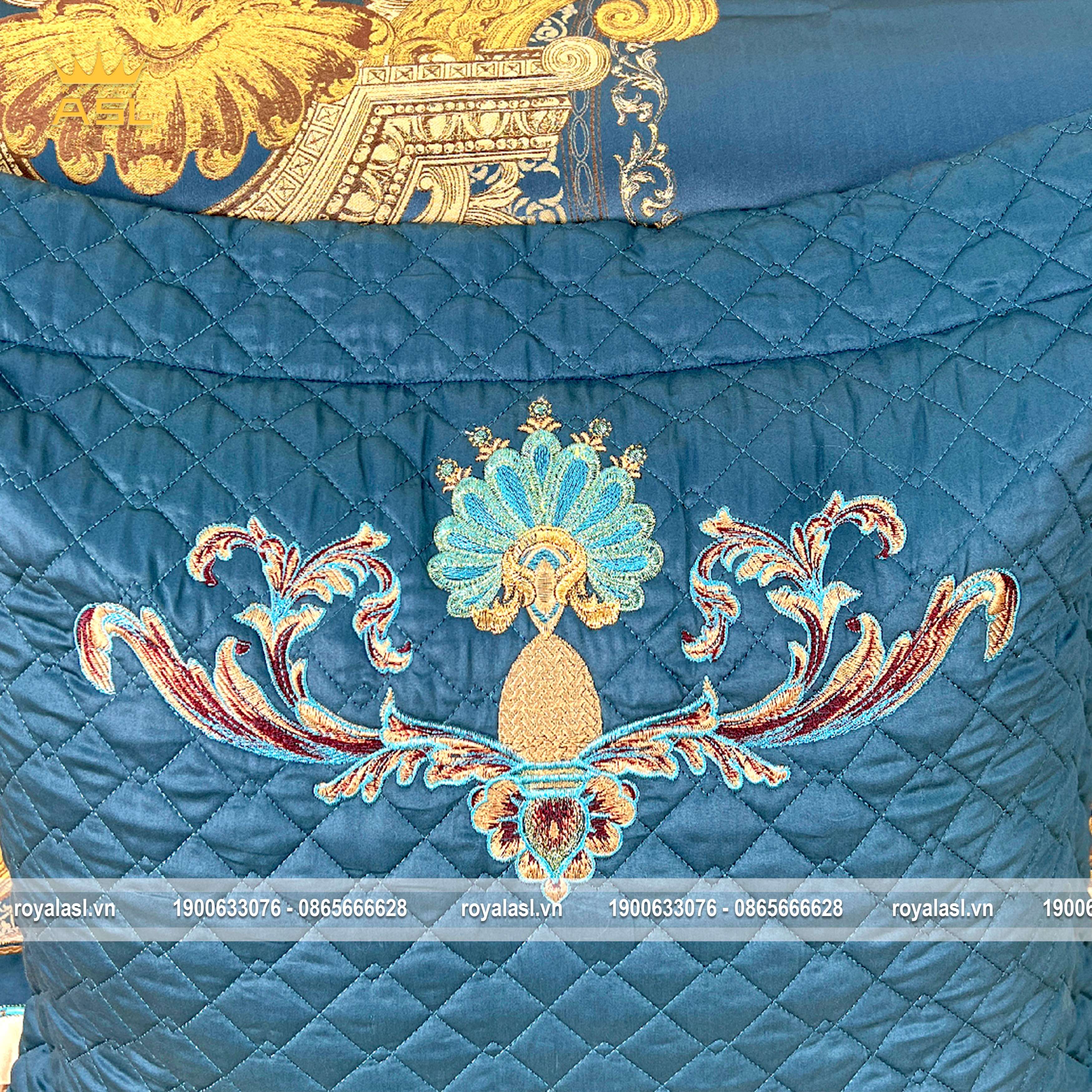 Bộ Ra Gối 6 Món Royal Blue Gấm Lụa Thêu-Phong cách Hoàng Gia -Màu Xanh Lục Hoa Văn Vàng-DR0108
