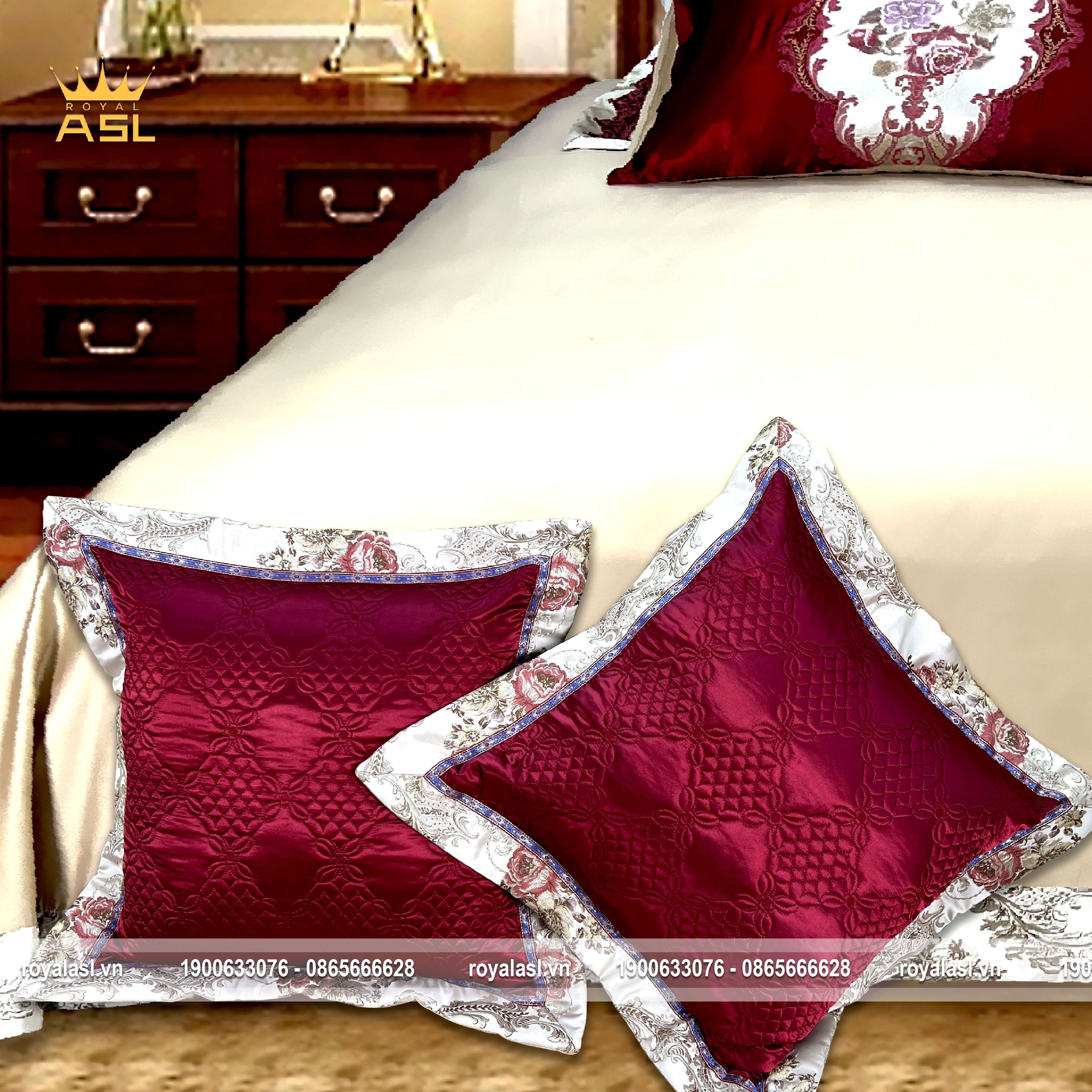 Bộ Chăn Ra Gối Luxury RoseSatin Gấm Lụa - Họa Tiết Hoa Văn Thêu Cách Điệu –Màu Hồng Xám-Bộ 8 Món-DR0112