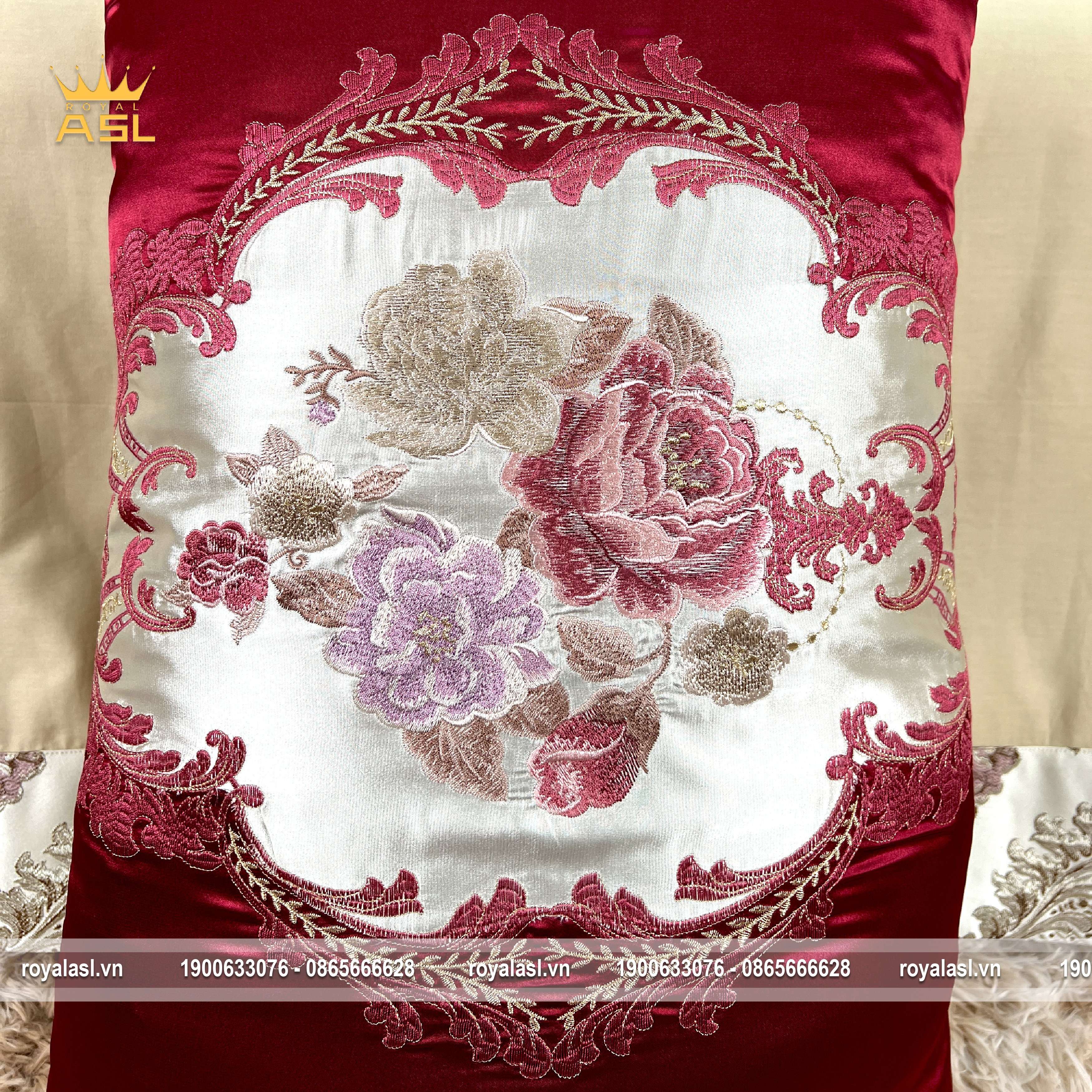 Bộ Drap Gối 8 món Satin Gấm Lụa Luxury Rose - Họa Tiết Hoa Văn Thêu Cách Điệu –Màu Hồng Xám -DR0111