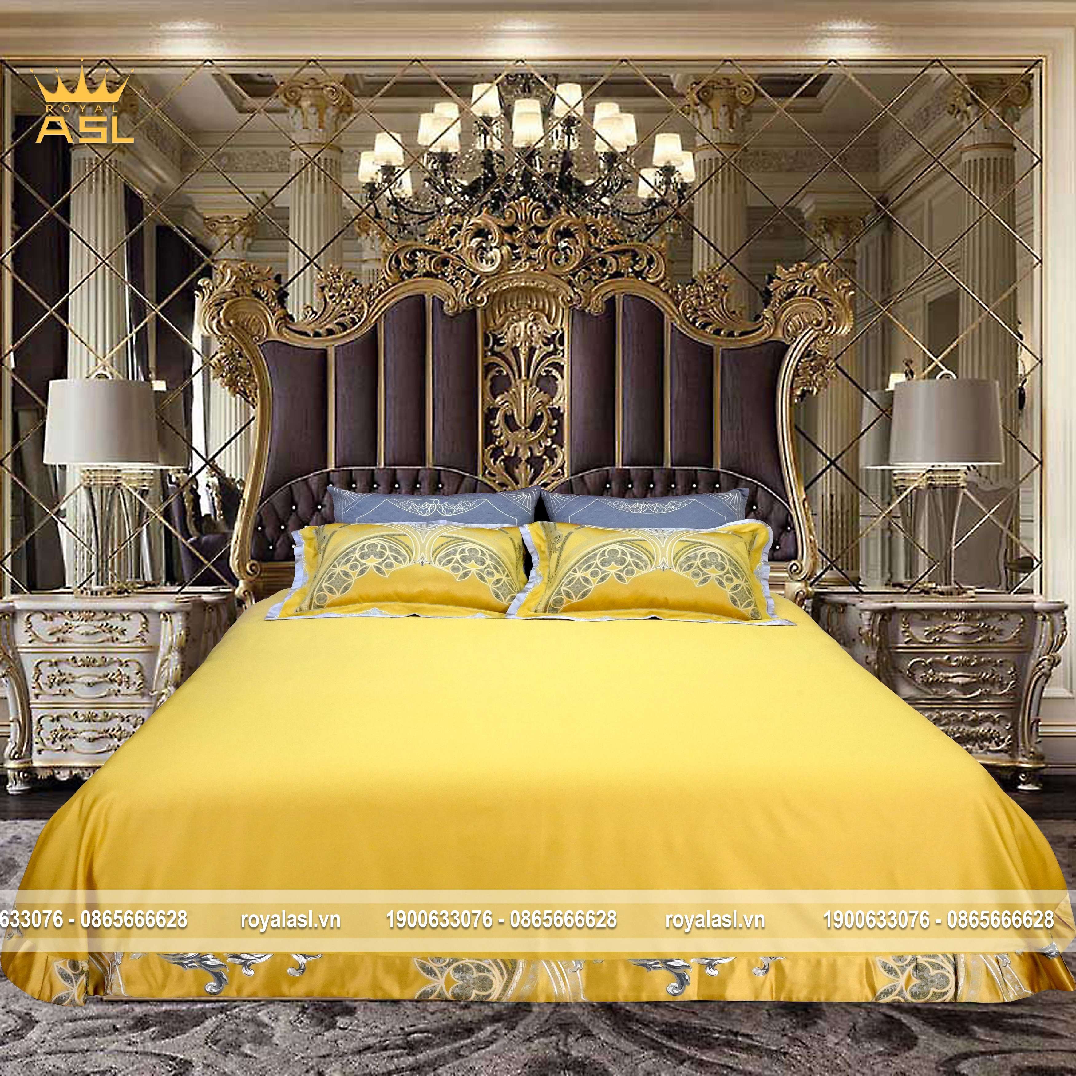 Bộ Drap Gối 6 món Satin Gấm Lụa Royal Gold phong cách Hoàng gia- Họa Tiết Hoa Văn Thêu Cách Điệu –Màu Vàng Xám -DR0114