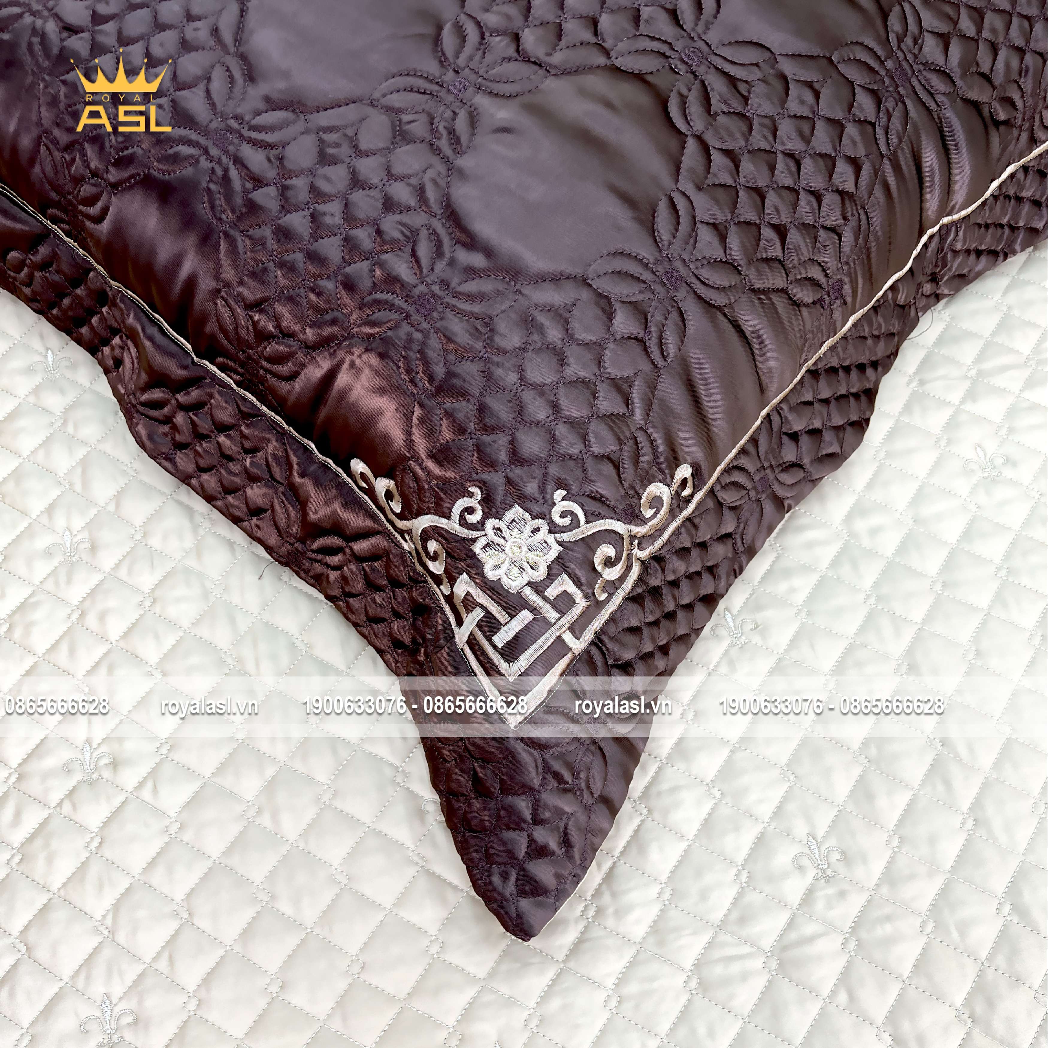 Bộ Drap Gối 6 Món Satin Gấm Lụa Xám Nâu Noble Silk Grey-Brown Sang Trọng –Họa Tiết Hoa Lá &Chim -King Size-DR0118