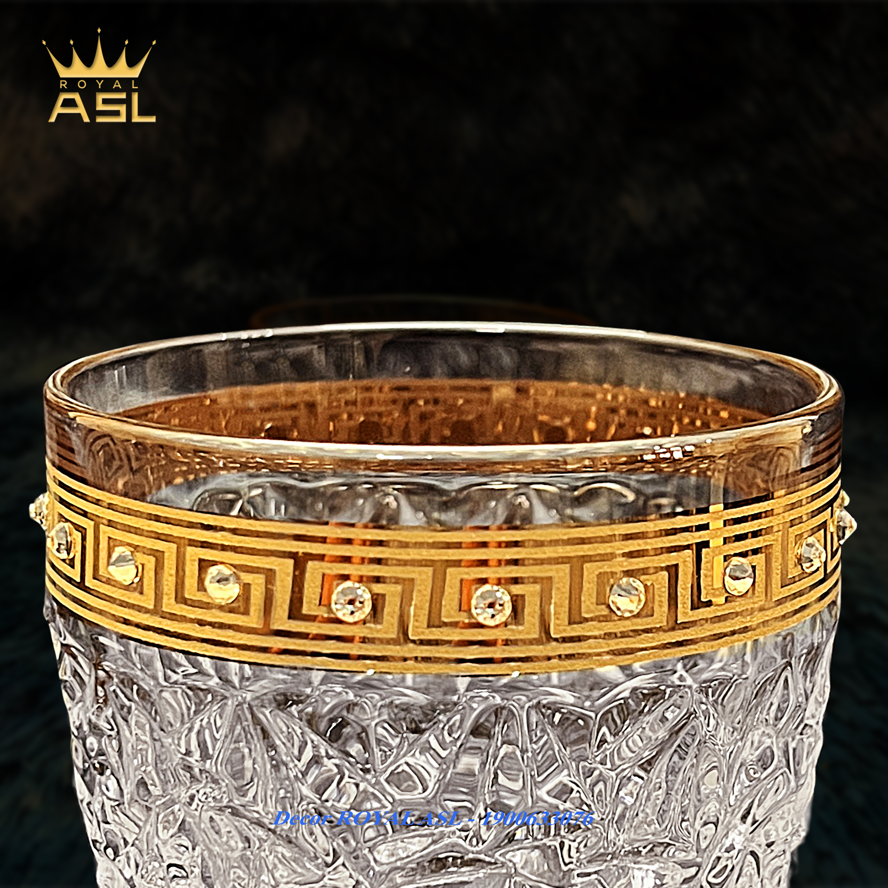 Bộ Bình Rượu Versace Whisky Pha Lê Tiệp Kiểu Pháp Diamond Bohemia Crystalex Chính Hãng-330ml -Ly Thấp Viền Vàng Đính Đá-BRV0102