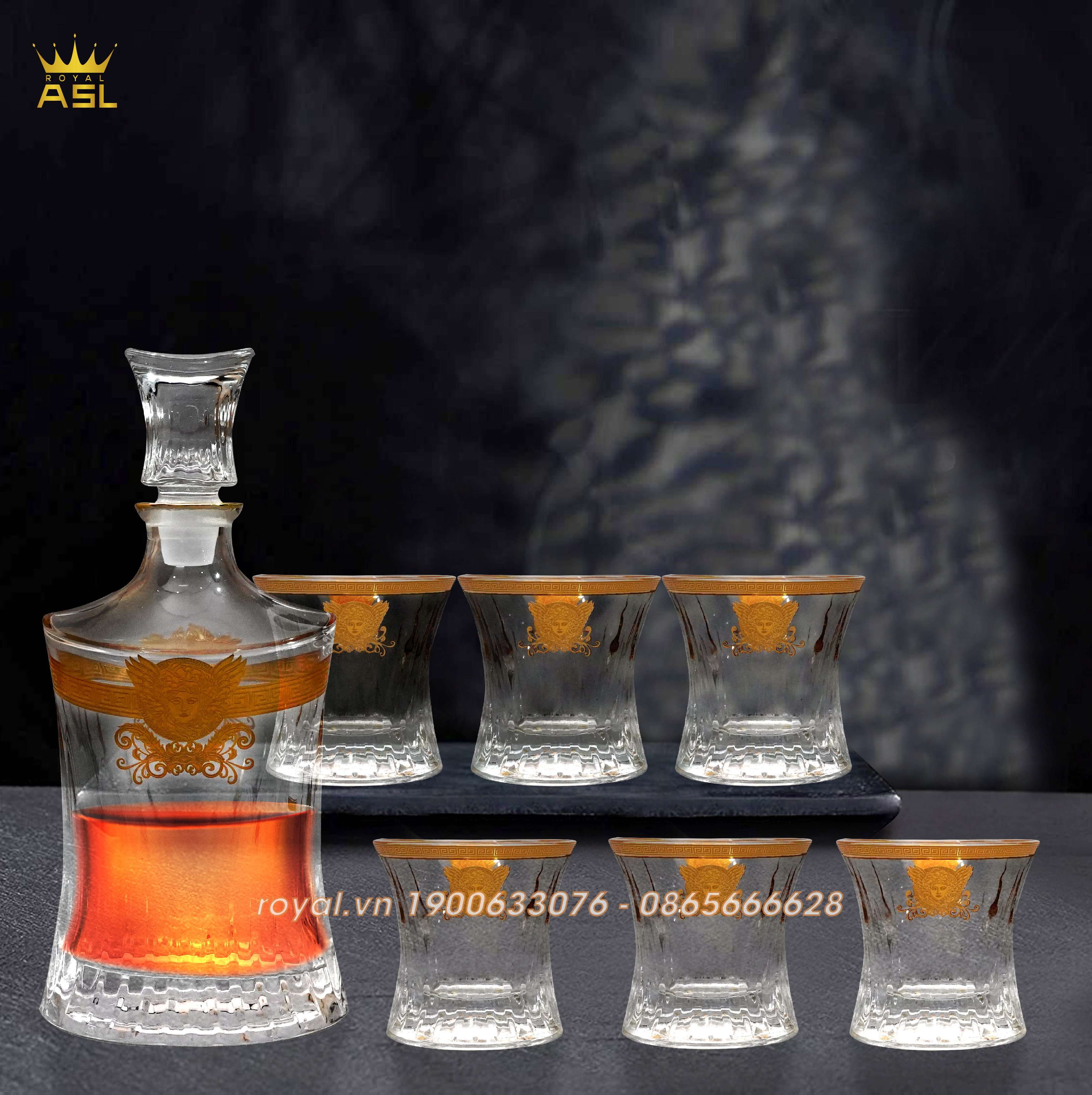 Bộ Bình Rượu Versace Whisky Thủy Tinh Kiểu Pháp-Đúc Sọc -Họa Tiết Dát Nổi Mặt Chiến Binh Versace Vàng-Viền Vàng-BRV0103