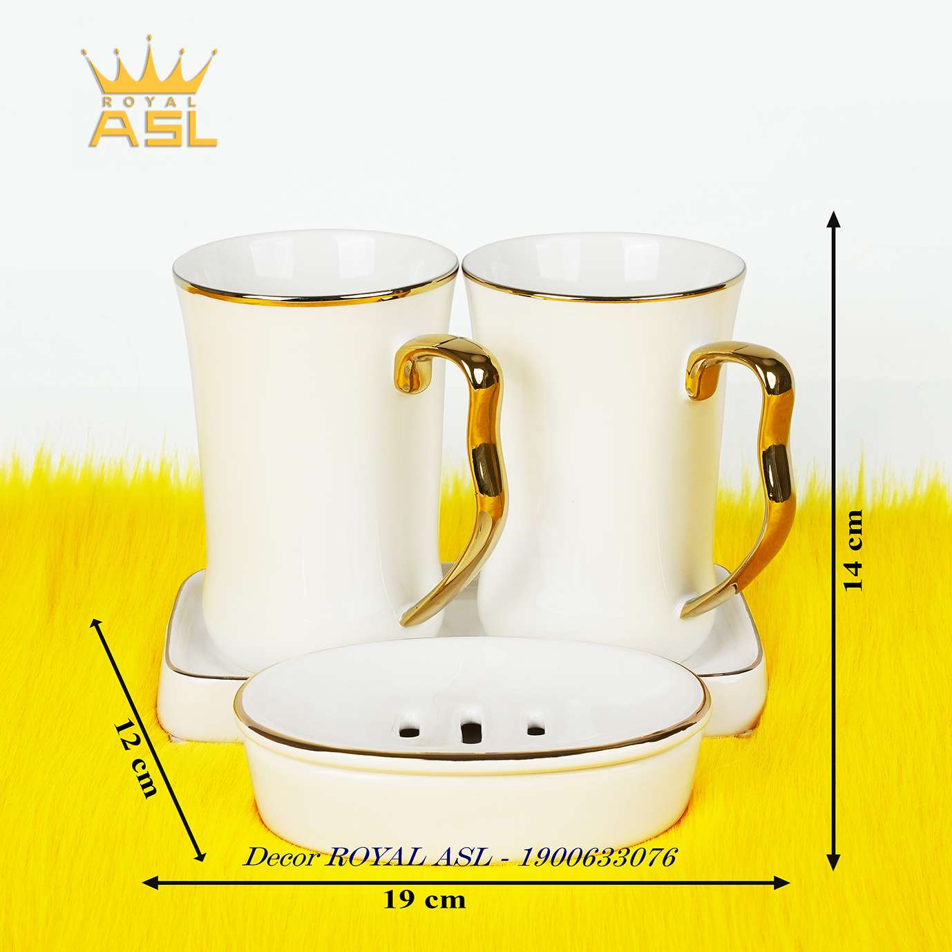 Set cốc sứ nhà tắm cao cấp -400ml- Bộ 4 Món - Màu Trắng Viền Chỉ Vàng - PT07
