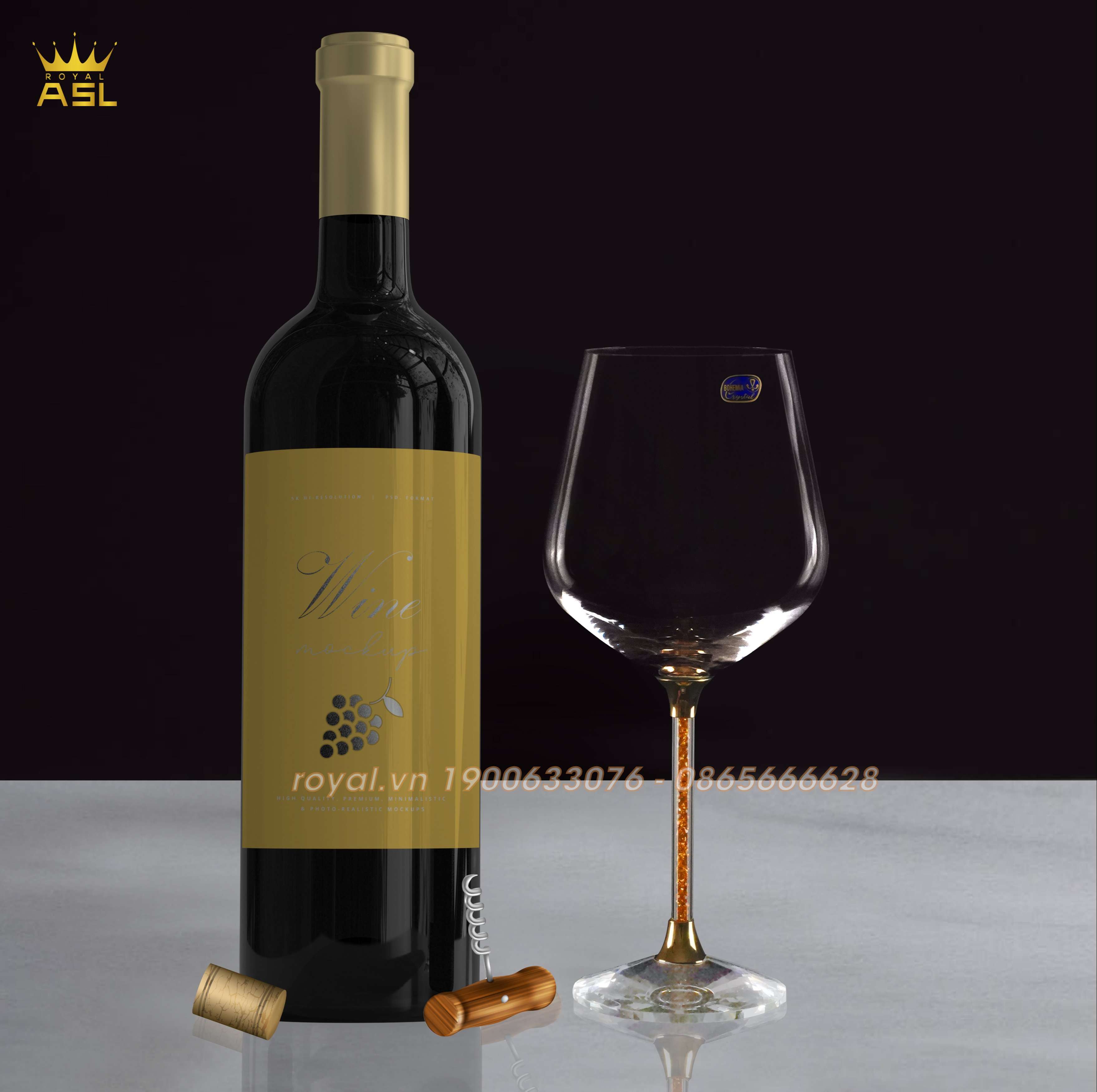 Bộ 6 Ly Rượu Vang Tiệp Chính Hãng Bohemia Crystalex-Chân Ly Dát Vàng 24K-V:640ml -Cao 24cm–RV0100