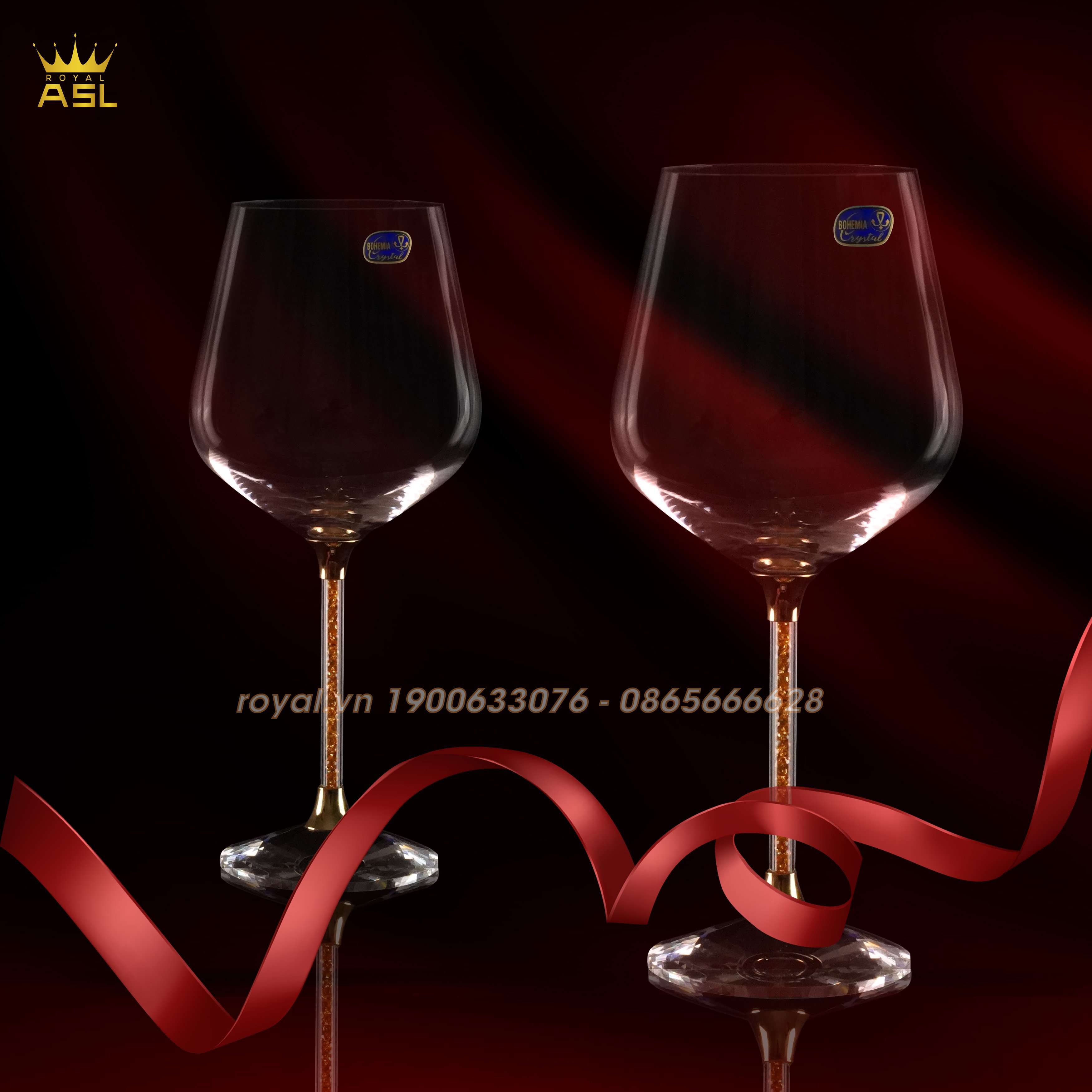 Bộ 6 Ly Rượu Vang Tiệp Chính Hãng Bohemia Crystalex-Chân Ly Dát Vàng 24K-V:640ml -Cao 24cm–RV0100