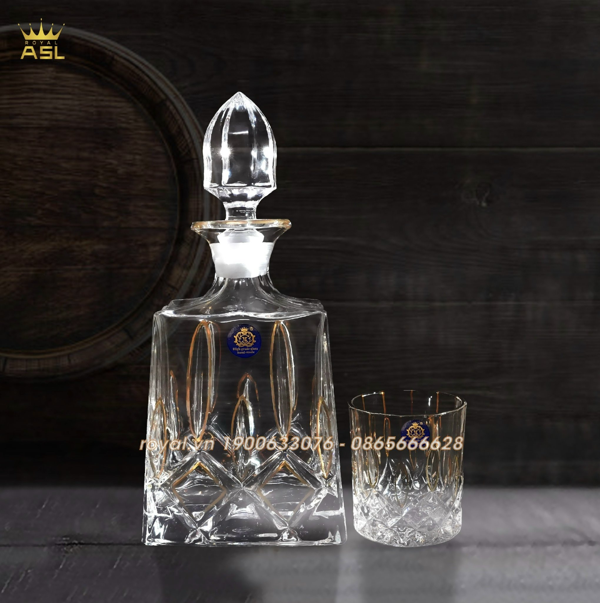 ⚜️Bộ Bình 6 Ly Uống Rượu Tây Whisky Thủy Tinh Kiểu Pháp-Họa Tiết Mài Nổi Kim Cương Chạy Chỉ Vàng -PL0100