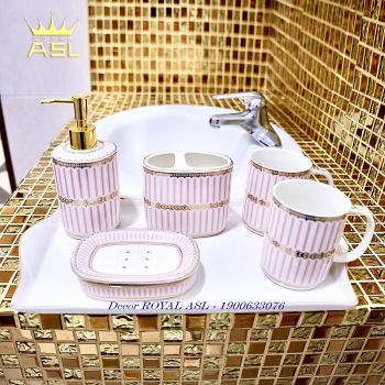 SET Cốc Sứ Nhà Tắm Cao Cấp Sọc Hồng Dễ Thương 380ml - 6 món Có Khay - PT11