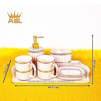 SET Cốc Sứ Nhà Tắm Cao Cấp Sọc Hồng Dễ Thương 380ml - 6 món Có Khay - PT11