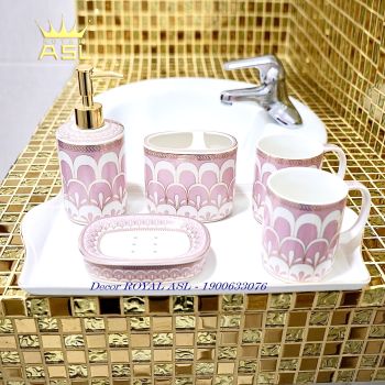 SET Cốc Sứ Nhà Tắm Cao Cấp Họa Tiết Gothic -Oval Hồng - 380 ml - 6 món - PT10