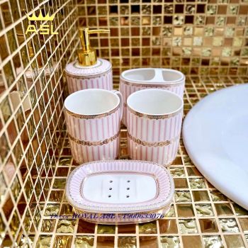 Bộ Cốc Sứ Nhà Tắm Phong Cách Vintage Dễ Thương 380ml - Hồng Sọc - 5 món - PT15