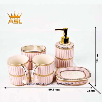 Bộ Cốc Sứ Nhà Tắm Phong Cách Vintage Dễ Thương 380ml - Hồng Sọc - 5 món - PT15