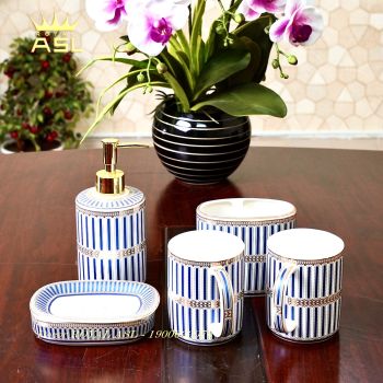 Set Cốc Sứ Nhà Tắm Sọc Cao Cấp Dễ Thương 380ml - Màu Xanh Dương - 5 món - PT16