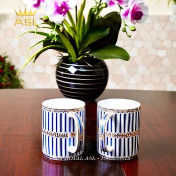 Set Cốc Sứ Nhà Tắm Sọc Cao Cấp Dễ Thương 380ml - Màu Xanh Dương - 5 món - PT16