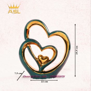Decor Gốm Sứ Nghệ Thuật Trái Tim Đôi Tình Yêu Lãng Mạn–Xanh Lục Mạ Vàng-BG045