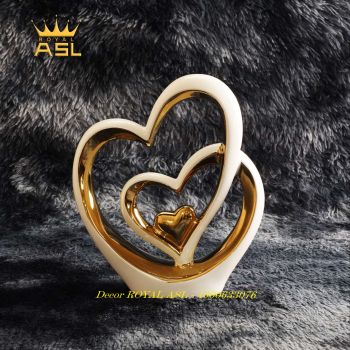Decor Gốm Sứ Nghệ Thuật Trái Tim Đôi Tình Yêu Lãng Mạn–Trắng Mạ Vàng-BG047