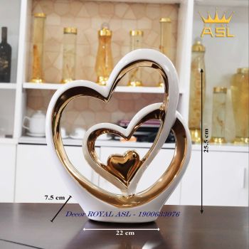 Decor Gốm Sứ Nghệ Thuật Trái Tim Đôi Tình Yêu Lãng Mạn–Trắng Mạ Vàng-BG047