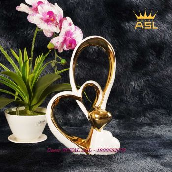 DECOR GỐM SỨ HÌNH TRÁI TIM ĐÔI TÌNH YÊU NỒNG NÀN- NGHỆ THUẬT TRỪU TƯỢNG –TRẮNG MẠ VÀNG-BG049