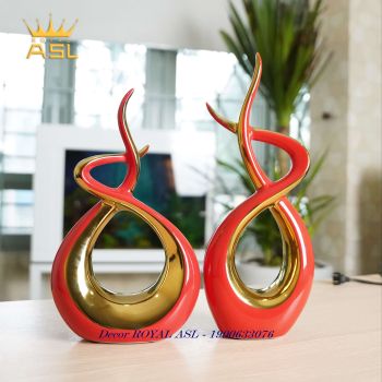Decor Gốm Sứ Nghệ Thuật Hình Xoắn Phong Cách Trừu Tượng–Màu Đỏ Mạ Vàng-BG051