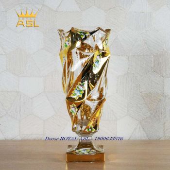 Lọ Hoa Pha Lê Tiệp Gold Bohemia Dát Vàng-Họa Tiết Lập Thể-Đế Vuông-38cm-Vàng Hổ Phách -BH0028