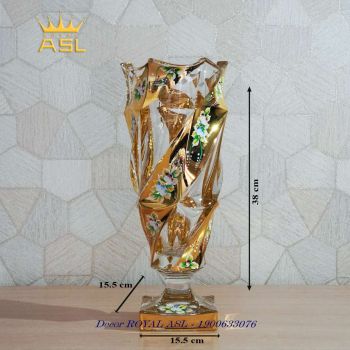 Lọ Hoa Pha Lê Tiệp Gold Bohemia Dát Vàng-Họa Tiết Lập Thể-Đế Vuông-38cm-Vàng Hổ Phách -BH0028