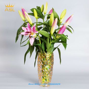 Lọ Hoa Thủy Tinh Họa Tiết Bọt Biển Trắng Viền Vàng-Phong Cách Bắc Âu Vintage Mới Lạ-Cao 25cm-BH0031