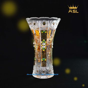 Lọ Hoa Pha Lê Cao Cấp Khảm Hoa Đắp Nổi Mạ Vàng - Miệng Loe -Cao 30cm-BH0033