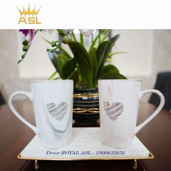 SET CẶP LY SỨ CAO CẤP TRÁI TIM LÃNG MẠN - TRẮNG VIỀN VÀNG - LY CAO 400ML - BỘ 3 MÓN – CTT01