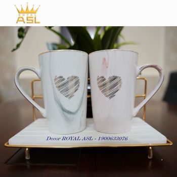SET CẶP LY SỨ CAO CẤP TRÁI TIM LÃNG MẠN - TRẮNG VIỀN VÀNG - LY CAO 400ML - BỘ 3 MÓN – CTT01