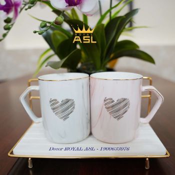 SET CẶP LY SỨ CAO CẤP TRÁI TIM LÃNG MẠN - TRẮNG VIỀN VÀNG - LY THẤP 400ML - BỘ 3 MÓN – CTT02