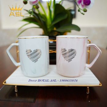 SET CẶP LY SỨ CAO CẤP TRÁI TIM LÃNG MẠN - TRẮNG VIỀN VÀNG - LY THẤP 400ML - BỘ 3 MÓN – CTT02