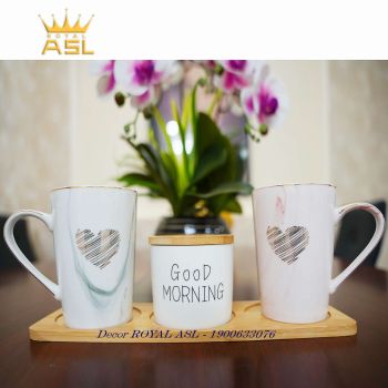 SET CỐC SỨ CAO CẤP TRÁI TIM GOOD MORNING - LY CAO 400ML - BỘ 4 MÓN - CTT03