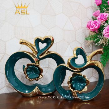 Decor Cặp Trái Táo Gốm Cao Cấp -Xanh Lục Viền Vàng- DC04