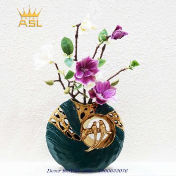 Decor Để Bàn Bình Sứ Họa Tiết Đôi Chim Uyên Ương Ấn Tượng- Màu Xanh Lục- DC08