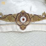 Bộ Chăn Ra Gối 6 Món Gấm Lụa Trắng Tinh Khôi Pure White Silk Satin-Thêu Cách Điệu Phong Cách Hoàng Gia-Trắng Nâu-DR100B