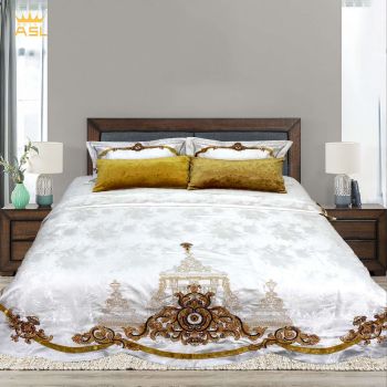 Bộ Chăn Ra Gối 6 Món Gấm Lụa Trắng Tinh Khôi Pure White Silk Satin-Thêu Cách Điệu Phong Cách Hoàng Gia-Trắng Nâu-DR100B