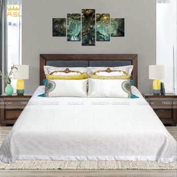 Bộ Ra Gối 8 Món Satin Gấm Lụa Trắng Pure White-Trắng Họa Tiết Nâu,Vàng, Xanh -Giường 1,8-2m-DR0101