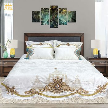 Bộ Ra Gối 8 Món Satin Gấm Lụa Trắng Pure White-Trắng Họa Tiết Nâu,Vàng, Xanh -Giường 1,8-2m-DR0101