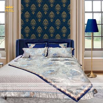 Bộ Chăn Ra Gối 6 Món Gấm Lụa Royal Blue Grey - Phong cách Hoàng Gia-Xanh Xám Thêu Hoa -DR0103