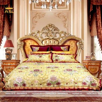 Bộ Chăn Ra Gối 8 Món Gấm Lụa Royal Golden Silk-Phong Cách Hoàng Gia Quý Tộc-Màu Vàng Hoa Hồng-DR0104