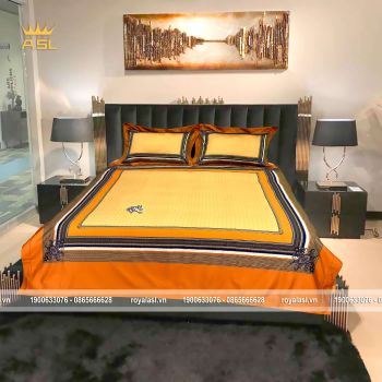 Bộ Chăn Ra Gối Cotton Lụa Phong Cách Bắc Âu Ấn Tượng-Màu Cam Viền Xanh -Bộ 4 món-DR0107