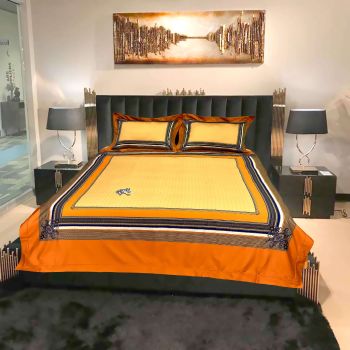 Bộ Chăn Ra Gối 4 món Cotton Lụa Thêu Phong Cách Vintage Bắc Âu Ấn Tượng-Màu Cam Viền Xanh -DR0107