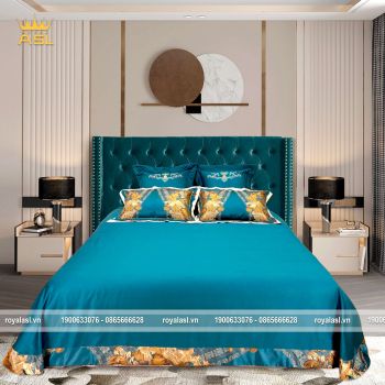 Bộ Ra Gối 6 Món Royal Blue Gấm Lụa Thêu -Màu Xanh Ngọc Hoa Văn Vàng-Giường 1,8-2m-Mã SP: DR0109