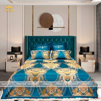 Bộ Ra Gối 6 Món Royal Blue Gấm Lụa Thêu -Màu Xanh Ngọc Hoa Văn Vàng-Giường 1,8-2m-Mã SP: DR0109
