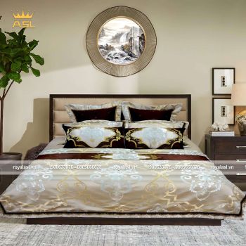Bộ Chăn Ra Gối 9 Món Satin Gấm Lụa Họa Tiết Hoa Văn Thêu Cách Điệu –King Size-Màu Kem Nâu -DR0110